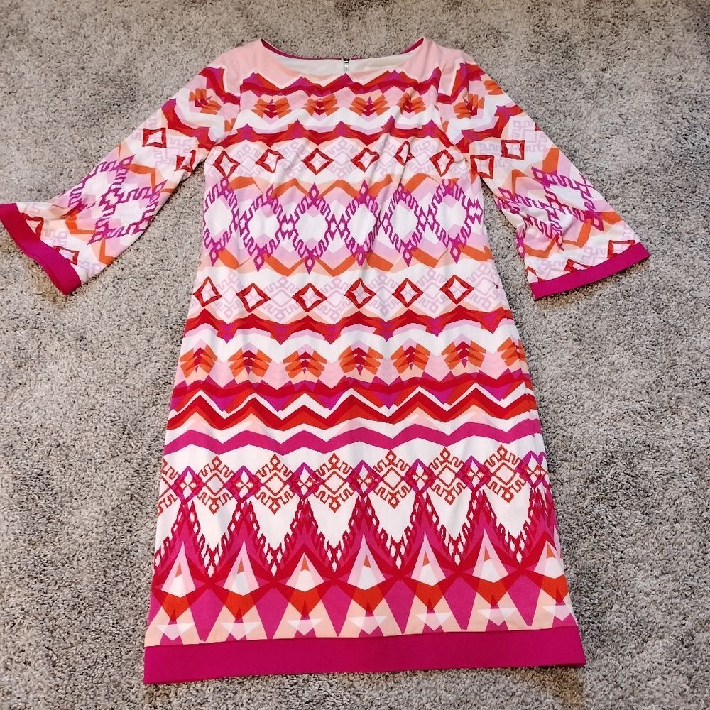 Elize J Pink And Orange Geometric Pattern 3/4 Sleeve Shift Dress Sz 8